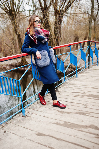 Young hipster girl wear on coat,scarf and glasses stay on small  - Fotografie, Obrázek