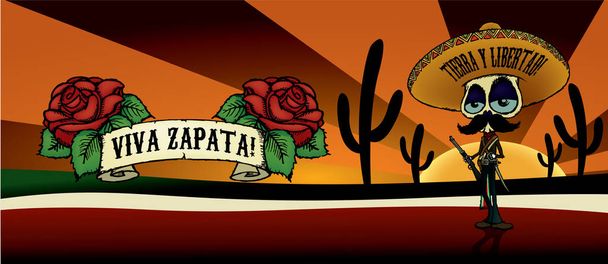 Viva Zapata!Cartoon skeleton character illustration  - Διάνυσμα, εικόνα
