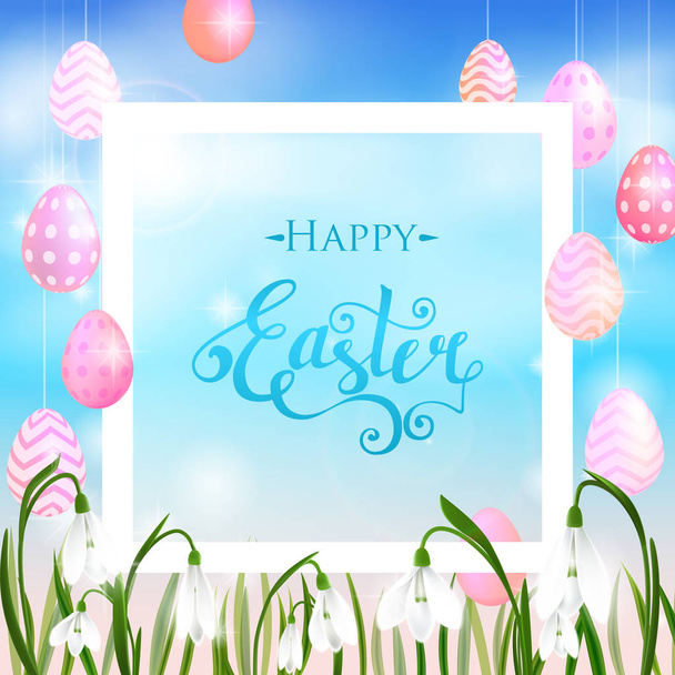 Happy Easter card with eggs, rabbit, spring flowers, green grass and blue sky. Vector illustration - Vektor, kép