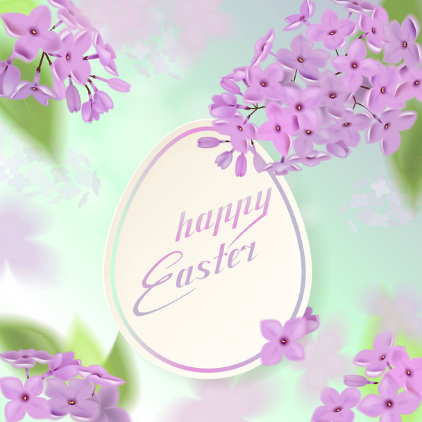 Happy Easter card with eggs, rabbit, spring flowers, green grass and blue sky. Vector illustration - Vector, Image