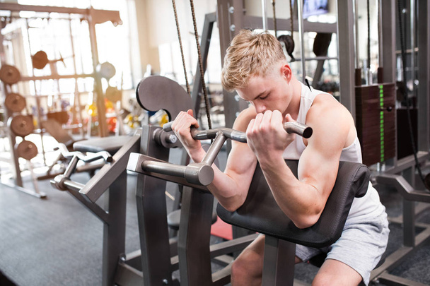 Young man in gym working out, using weights machine for arms. - Photo, image