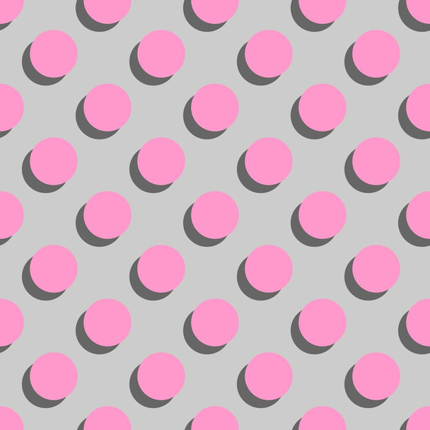 Tile vector pattern big pink polka dots with shadow on grey background - Vetor, Imagem