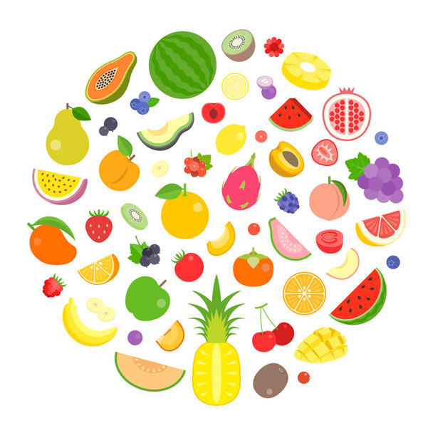 kolorowe owoce i jagody wektor zorganizować w kształcie koła. Projektowanie banerów, szablon i tło tapeta. płaski - Wektor, obraz