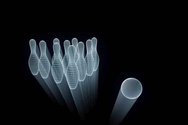 Bowling Pin in Hologram Wireframe stijl. Mooie 3D-Rendering - Foto, afbeelding