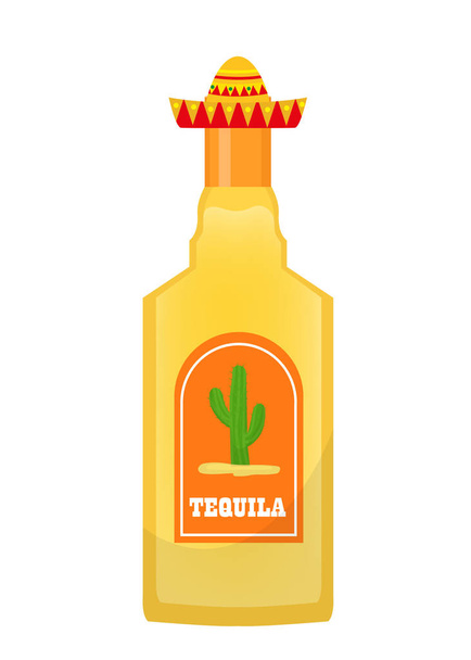 Tequila fles pictogram plat, cartoon stijl geïsoleerd op witte achtergrond. Vector illustratie, clip art. Traditionele Mexicaanse drank - Vector, afbeelding