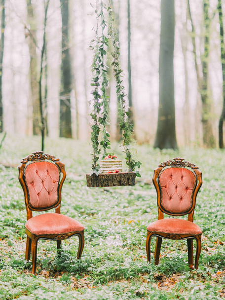 The composition of the stump hanging on the herbs with the wedding cake on it and between two stylishorange chairs in the green forest. - Zdjęcie, obraz