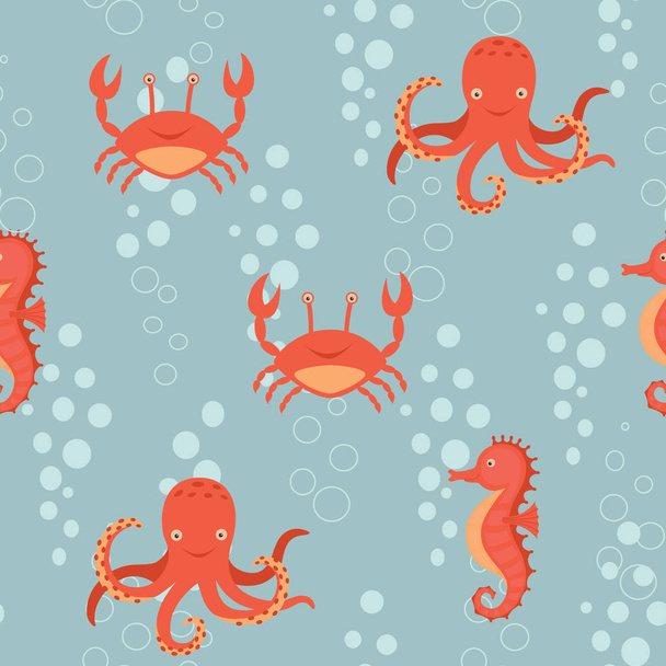 fabelhafte nautische Muster mit einem lustigen orangefarbenen Seepferdchen, Krabben, Kraken. - Vektor, Bild