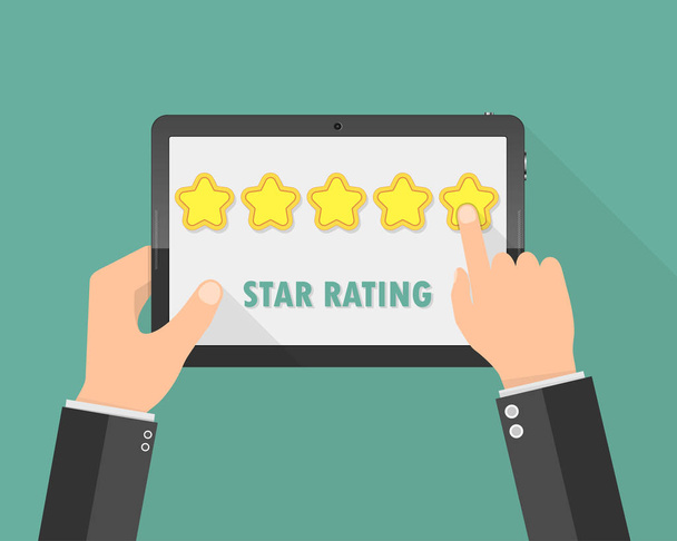 Hands holding a tablet with rating stars. Vector illustration - Vector, Image