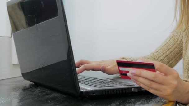 Woman shopping online at laptop with credit card - Footage, Video