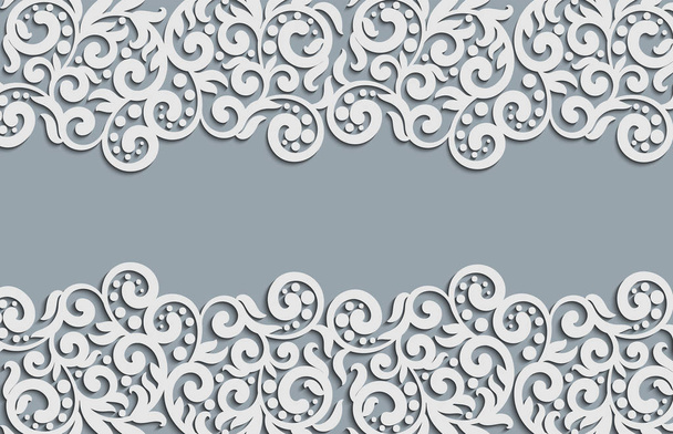 Vector floral swirls decoration. Abstract 3D background for invitation cards, design template with blank plac e for text. White simple lace with shadow, paper cut effect. - Вектор,изображение