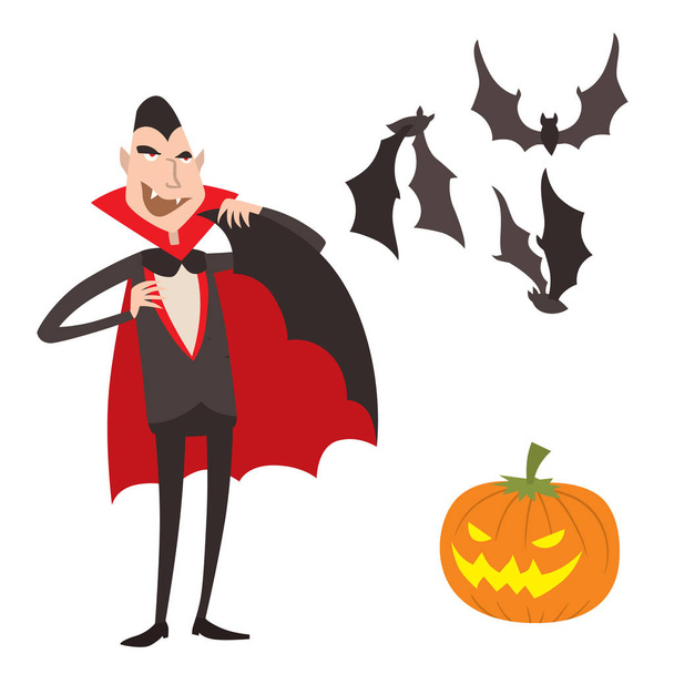 Rajzfilm Drakula vektor szimbólumok vámpír ikonok karakter vicces ember vicces halloween és a mágia helyesírás boszorkányság szellem éjszaka ördög mese illusztráció. - Vektor, kép