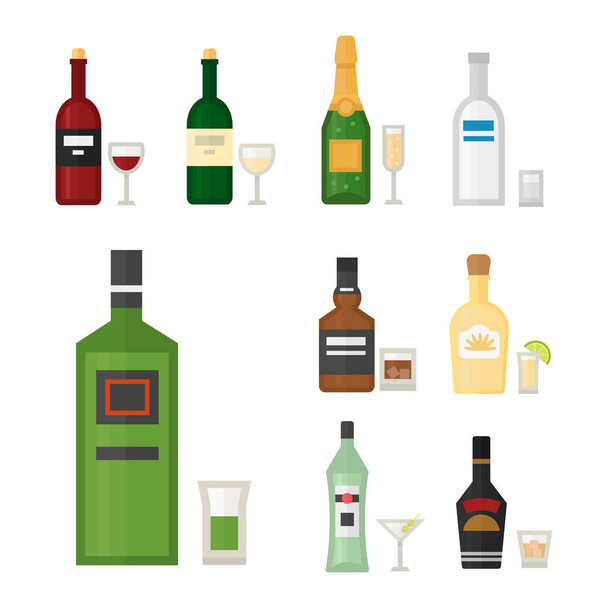Bebidas alcohólicas bebidas cóctel whisky bebida botella lager refresco contenedor y menú borracho concepto diferente botella y vasos vector ilustración
. - Vector, Imagen
