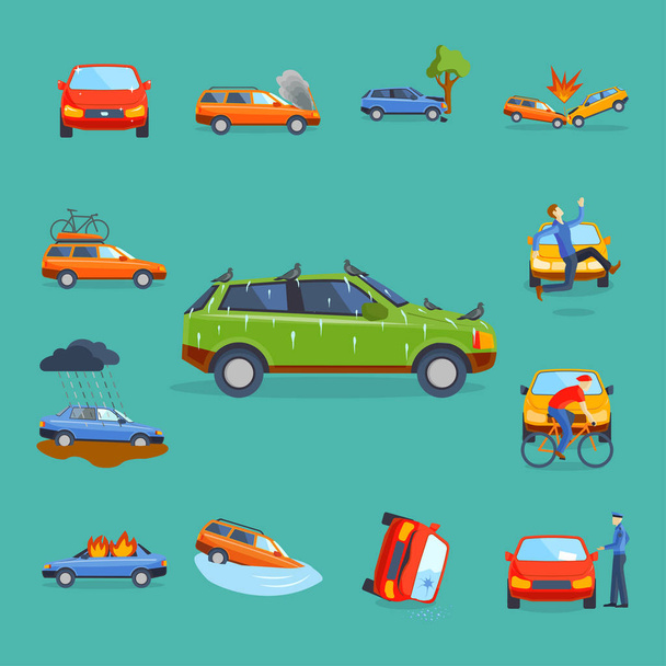 Car crash collision traffic insurance safety automobile emergency disaster and emergency disaster speed repair transport vector illustration. - Vector, Image