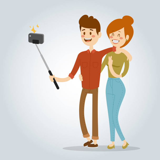 Selfie 人分離ベクトル イラスト文字写真ライフ スタイル ヒップ スマート フラット カメラ スマート フォン人画像若いカップル - ベクター画像