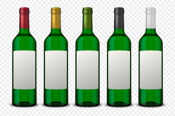 Набор 5 реалистичных векторных зеленых бутылок вина с белыми этикетками изолированы на прозрачном фоне. Шаблон дизайна в EPS10
. - Вектор,изображение