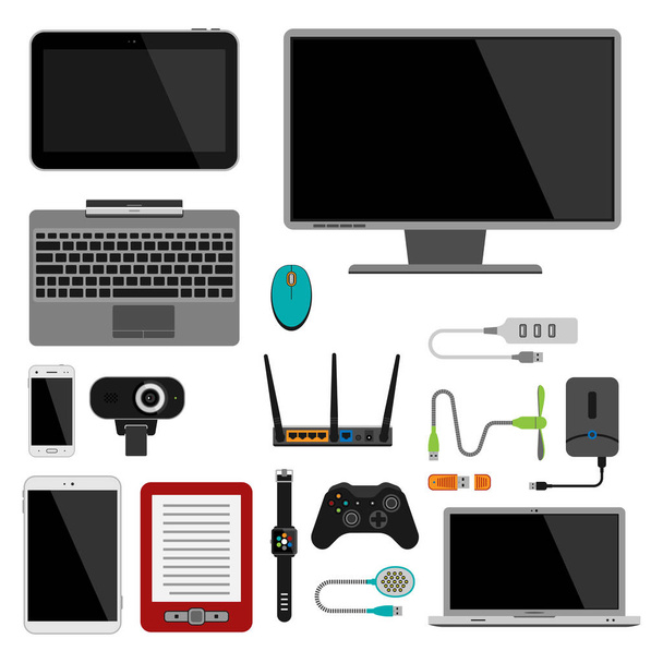 Iconos de aparatos electrónicos tecnología electrónica dispositivos multimedia control de objetos cotidianos y conexión a la computadora ilustración vectorial de red digital
. - Vector, Imagen