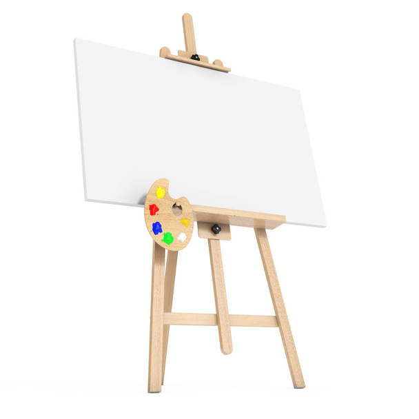 Wooden Artist Easel with White Mock Up Canvas and Palette. 3d Re - Photo, Image