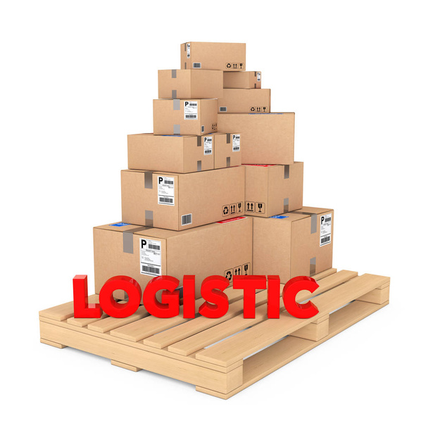 Koncepce logistiky. Kartonové krabice na dřevěné paletě s logistika - Fotografie, Obrázek