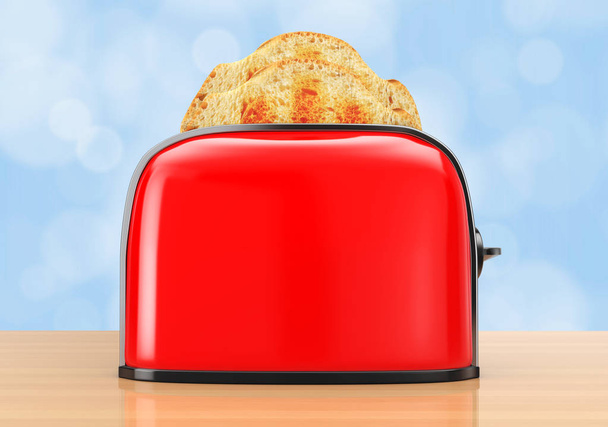 Toast knallt aus einem roten Toaster. 3D-Darstellung - Foto, Bild