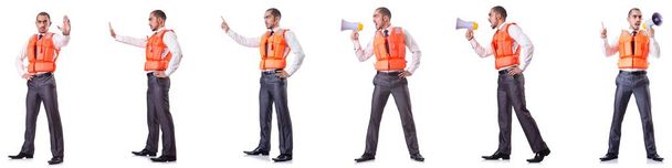 Businessman with rescue safety vest on white - Photo, Image
