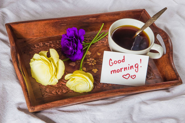 Breakfast in bed. Cup, coffee, red, velvet, cake and note with t - Photo, Image