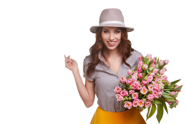 Beautiful girl in hat with flowers  - Φωτογραφία, εικόνα