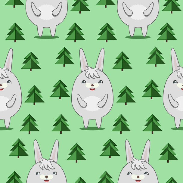 Pattern with Cute Rabbits in Firs Forrest - Vector, Image
