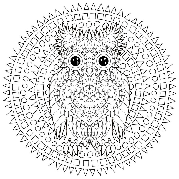 Black white tracery doodle of the owl. - ベクター画像