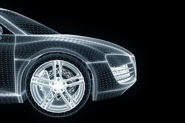 Závodní auto Hologram drátový model. Pěkný 3d vykreslování - Fotografie, Obrázek