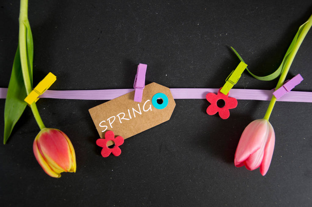 Wiosna, napisany na papierze tag - Zdjęcie, obraz