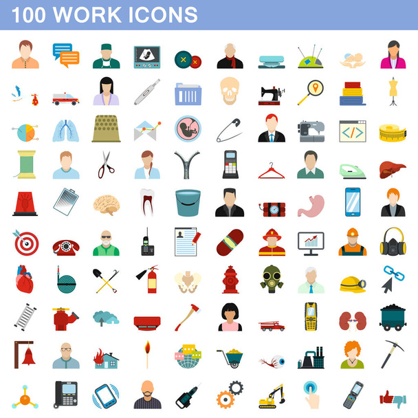 100 werk iconen set, vlakke stijl - Vector, afbeelding