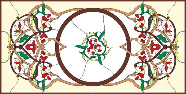  Glasraam in een rechthoekig frame. Bloemstukken en ornamenten in vectorafbeeldingen, met abstract wervelingen en verlaat, horizontale oriëntatie / kleurrijke bloemen symmetrische compositie. - Vector, afbeelding