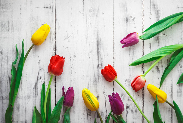 Тюльпаны разного цвета на деревянном фоне
 - Фото, изображение