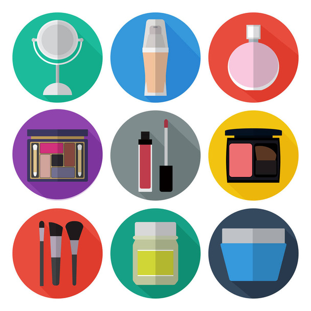 Conjunto de ícones planos cosméticos simples em círculos de cores
 - Vetor, Imagem