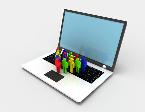 zespół ludzi, dane na laptopie, 3d wytopione ilustracja - Zdjęcie, obraz
