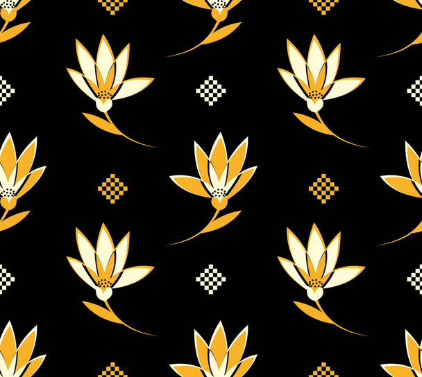 Květinový vzor bezešvé s žlutými květy na černém pozadí - Vektor, obrázek