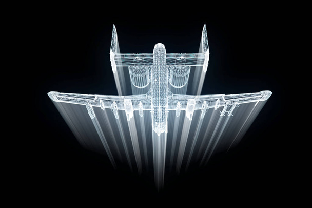 Airplane Jet in Hologram Wireframe Style. Nice 3D Rendering - Photo, Image