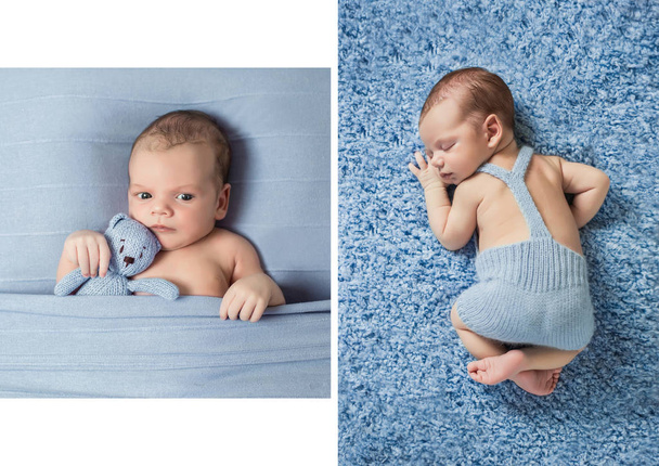 青いニットの衣装で赤ちゃんの睡眠 - 写真・画像