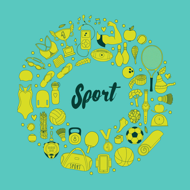 fitness and sport elements in doodle style - Vektor, Bild