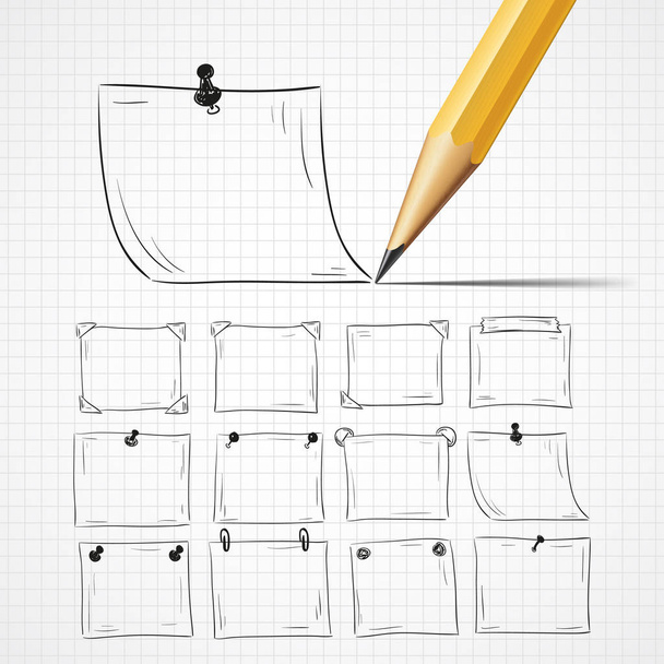 Hand drawn notes set. Doodle paper sheets for notes. Pencil with shadow. Mock up. Education Concept. Pencil for drawing. - Vector, Image