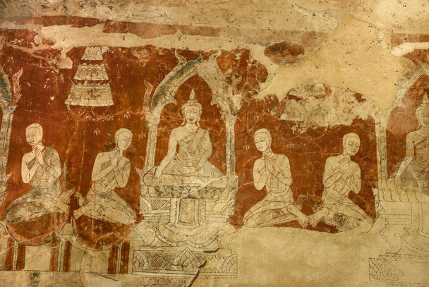 Αρχαία ιστορία Βούδα χρωμάτων στον τοίχο του ναό της Ταϊλάνδης. - Φωτογραφία, εικόνα