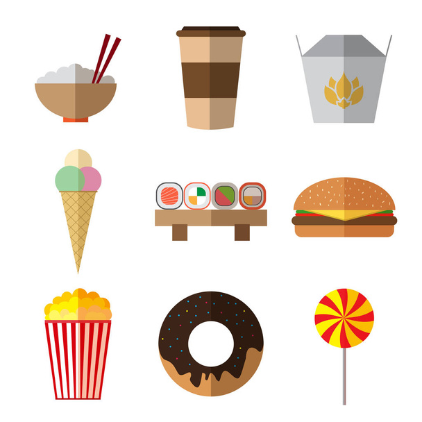 Set von bunten einfachen Fast-Food-Flach-Symbole mit langen Schatten auf - Vektor, Bild