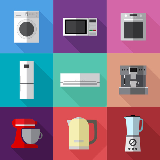 Set of simple appliances flat icons with long shadows on color s - Vector, Image