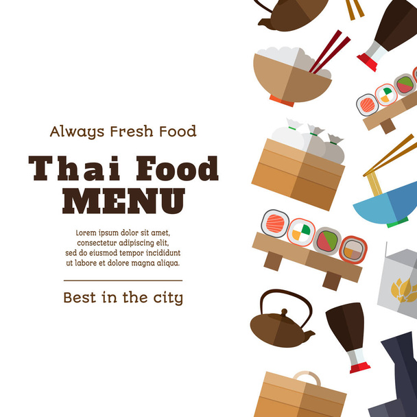 Tajskie jedzenie menu szablon z prosty posiłek płasko azjatyckich i sprzęt - Wektor, obraz