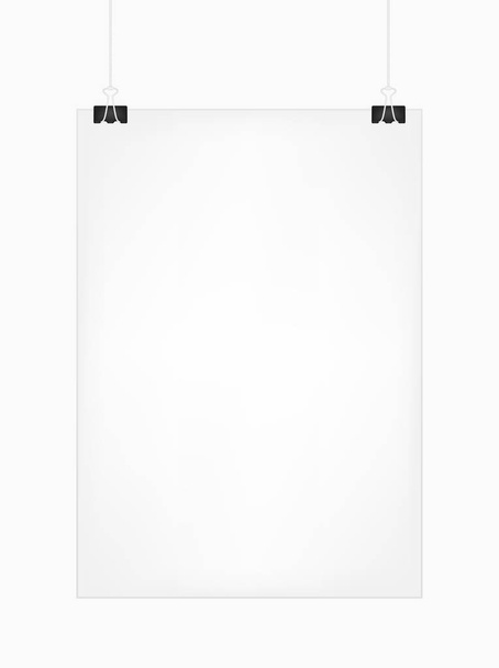 Valkoinen pystysuora juliste malli roikkuu leikkeet, eristetty valkoisella taustalla. Juliste realistinen mokcup seinällä. Eps 10 vektorin kuva
 - Vektori, kuva