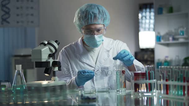 Assistente de laboratório examinando o sangue do paciente para a presença de inflamação no corpo
 - Filmagem, Vídeo