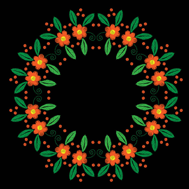 Hímzés kerek keret narancssárga virág és zöld levél - Vektor, kép