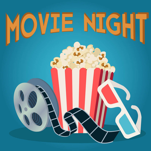 Kino bębnowa popcorn i okulary 3d, film noc wektor koncepcja - Wektor, obraz