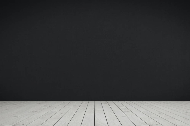 Άδειο δωμάτιο μαύρο τοίχο, λευκό ξύλινο πάτωμα - Φωτογραφία, εικόνα