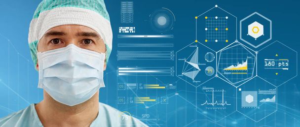 surgeon in surgical mask and hat over charts - Фото, зображення
